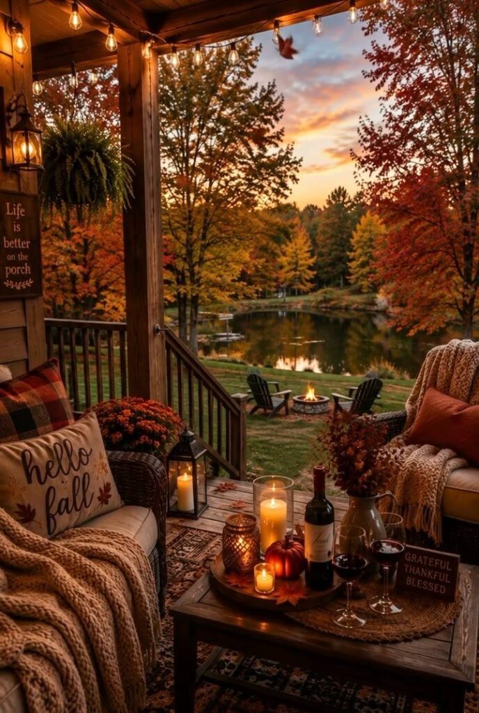 A cozy wooden porch decorated for autumn overlooking a lake during a colorful sunset.