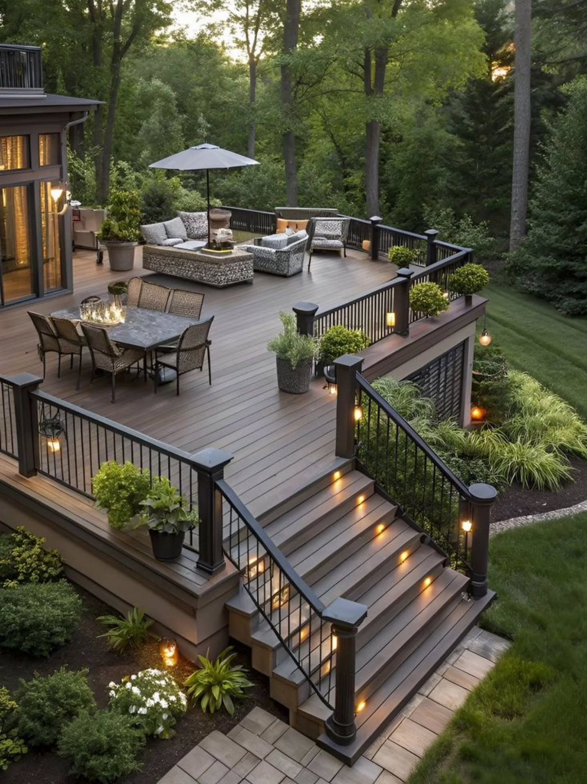 A multi-level wooden deck with outdoor furniture, integrated lighting, and black railings surrounded by green trees.