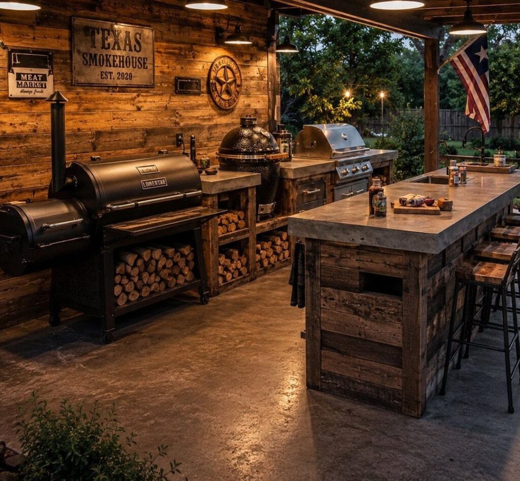 Black offset smoker and various grills arranged in a rustic wooden outdoor kitchen setting.