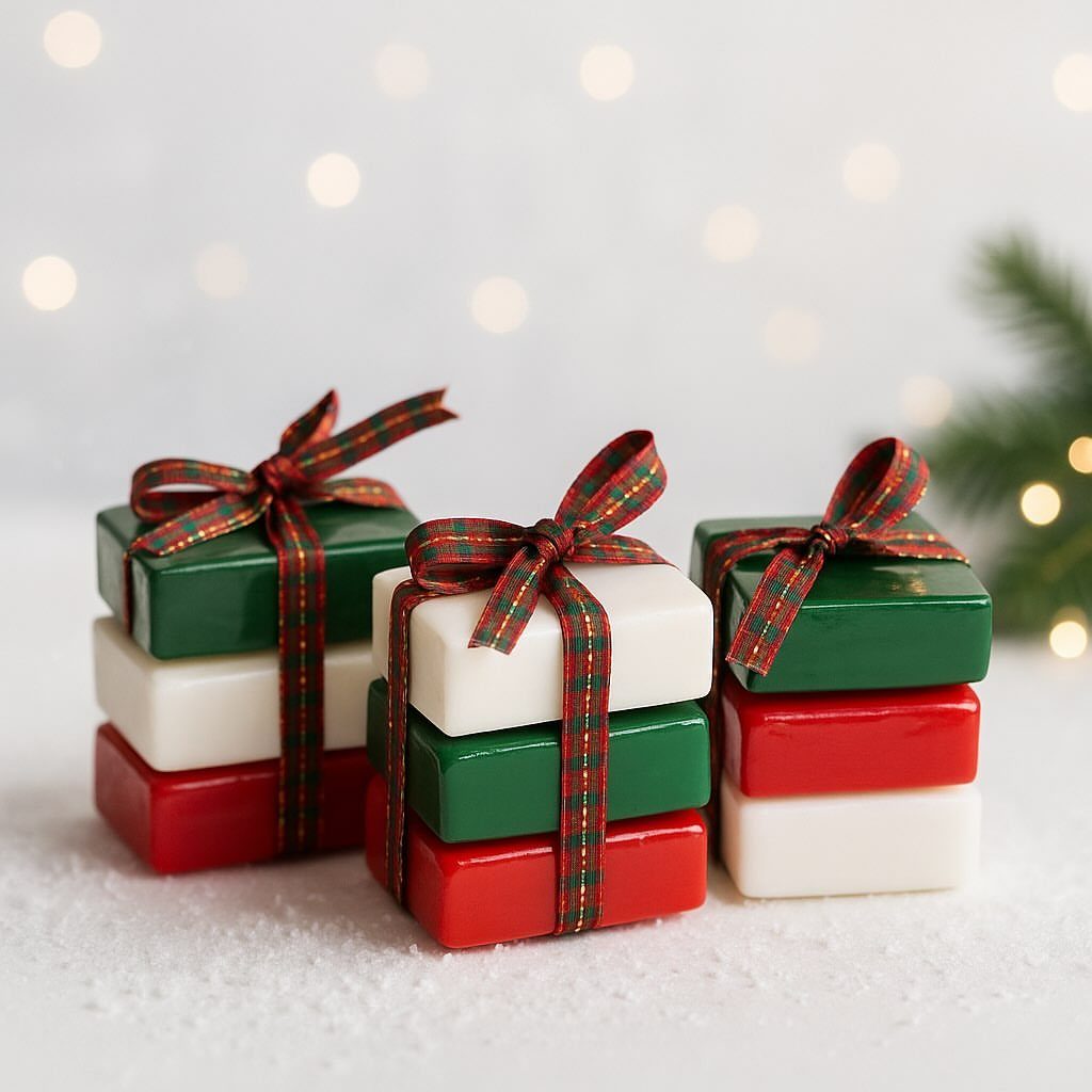 Three stacks of red, white, and green soap bars tied with festive plaid ribbons.