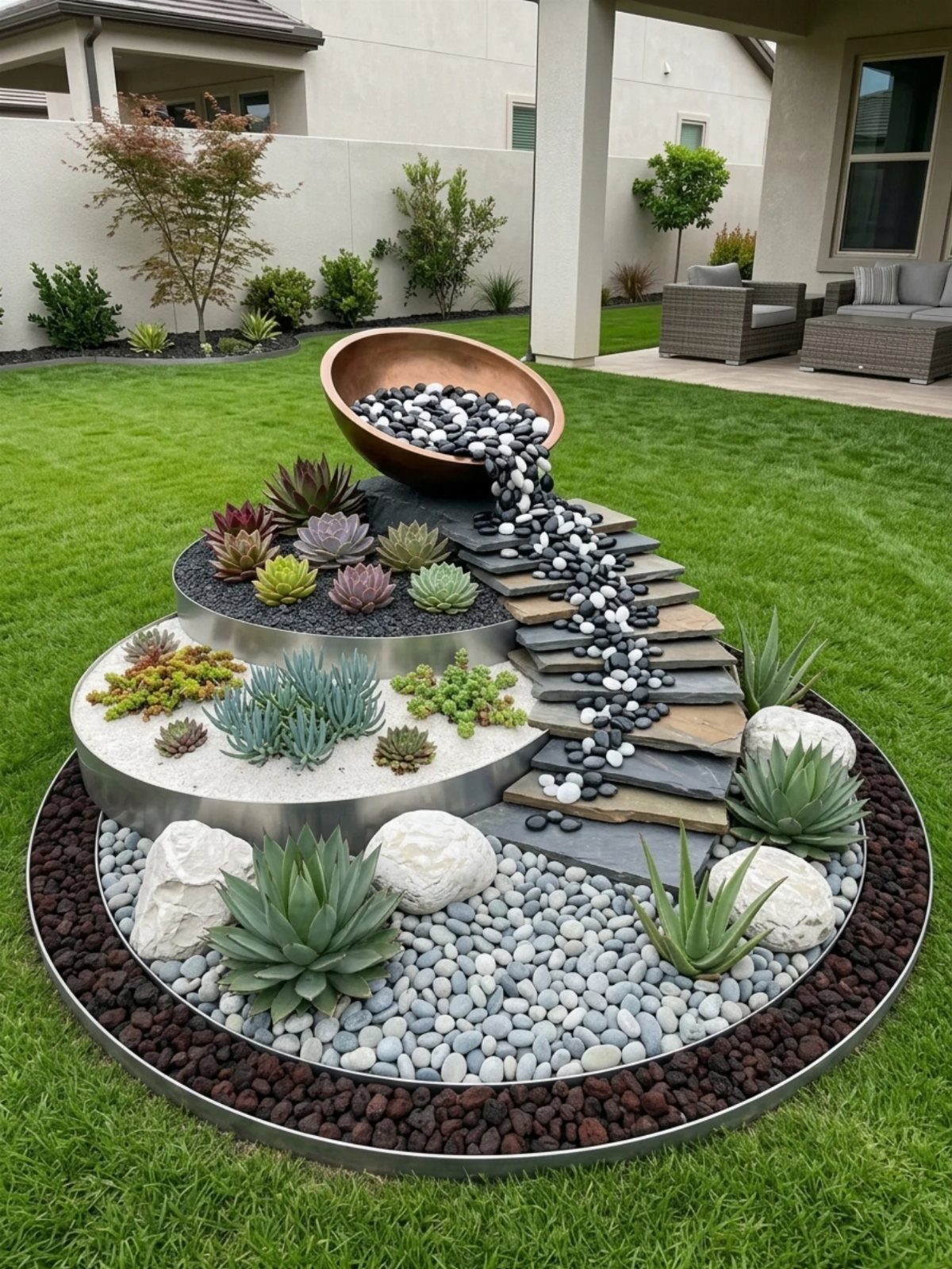 A tiered circular garden bed featuring succulents, decorative stones, and a copper bowl spilling pebbles.