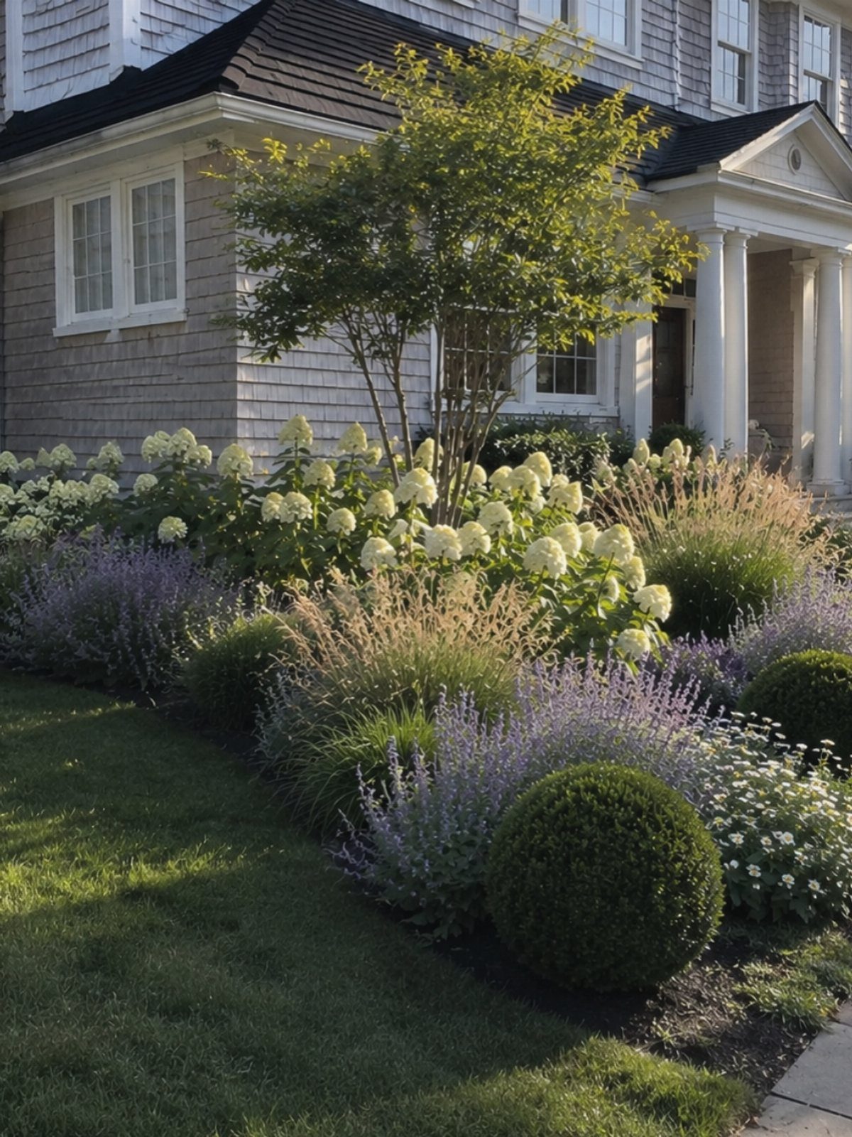 Lush garden with white hydrangeas, purple lavender, and ornamental grasses in front of a grey house.