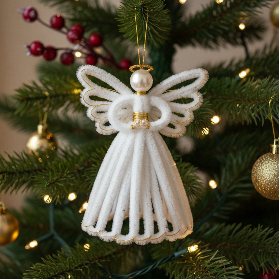White fuzzy angel ornament with gold trim hanging on a decorated Christmas tree.