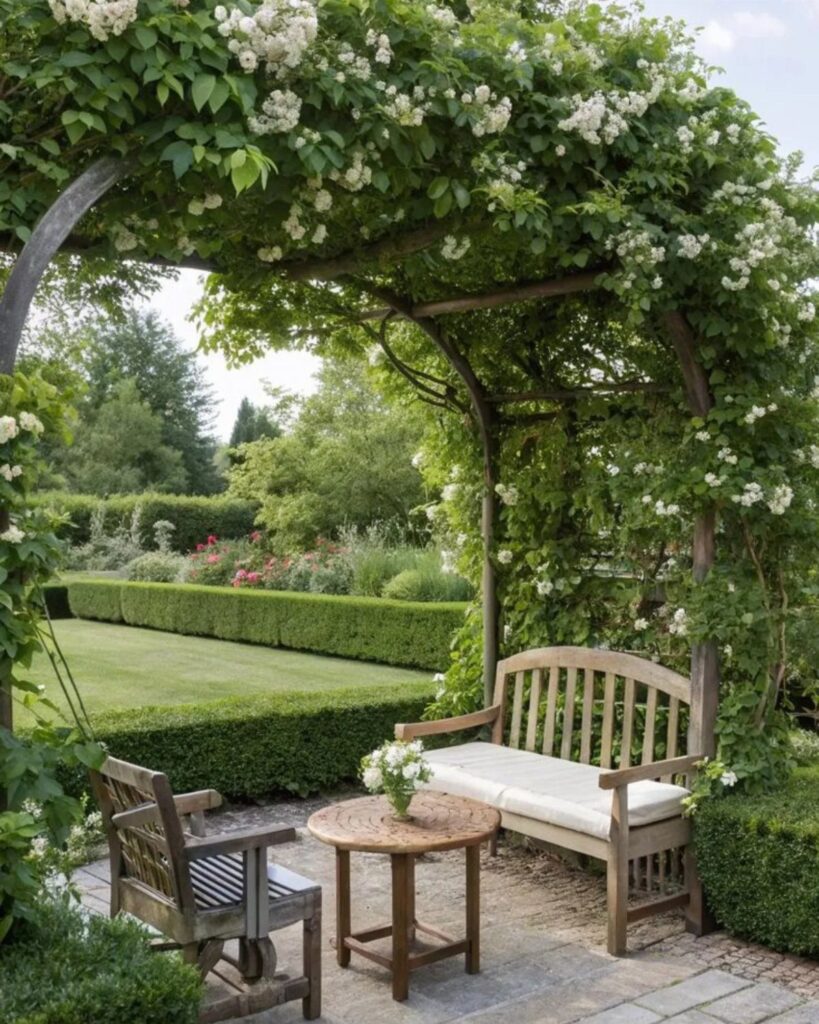 Wooden garden furniture set situated under a large rose-covered trellis arch in a lush garden.