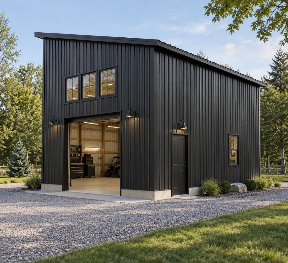 A modern black metal garage building with an open bay door and upper windows.
