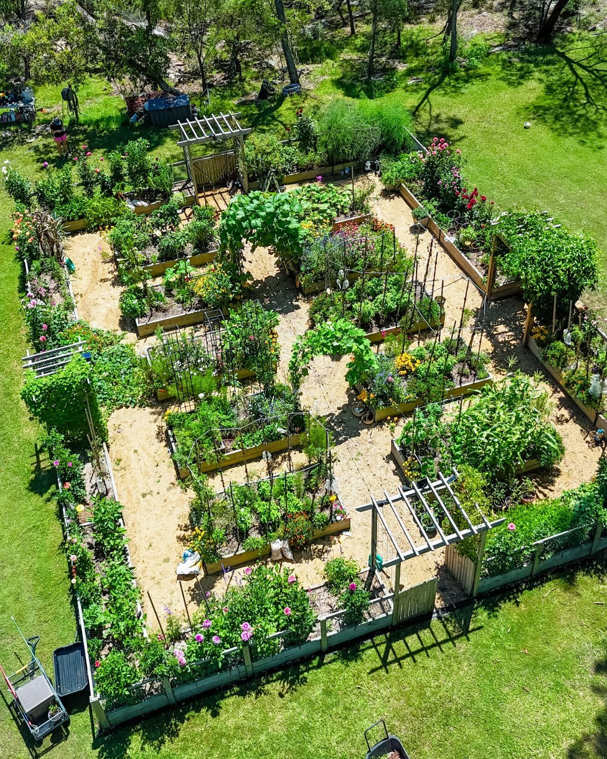An aerial view of an organized potager garden with raised beds and green plants.