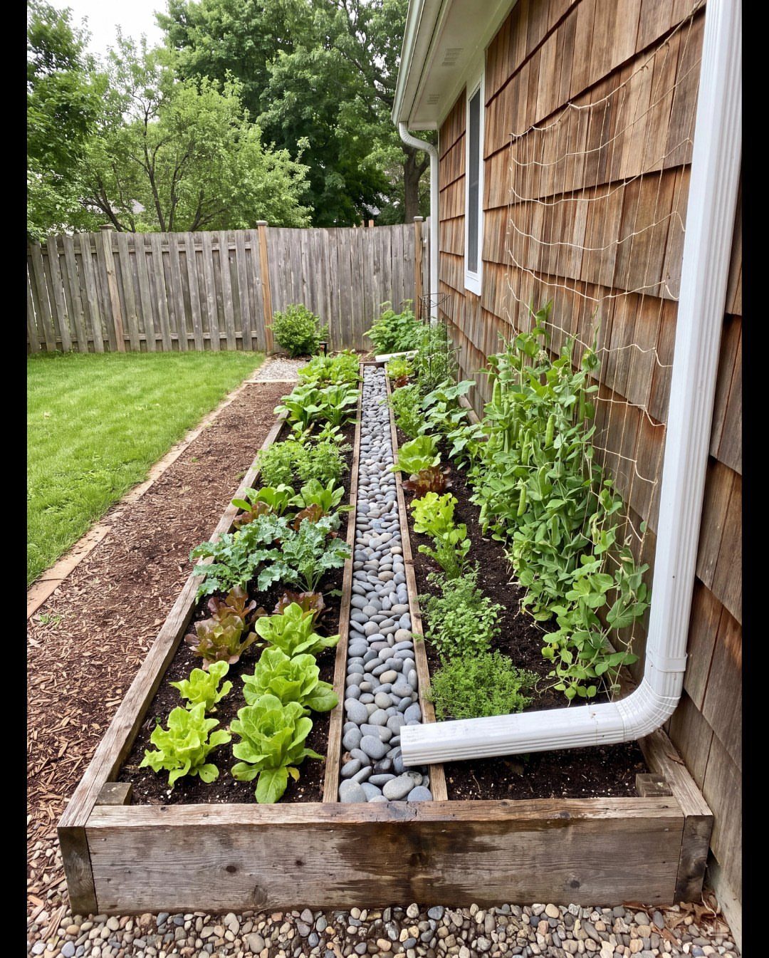 Wooden raised garden beds filled with green vegetables running along the side of a house.