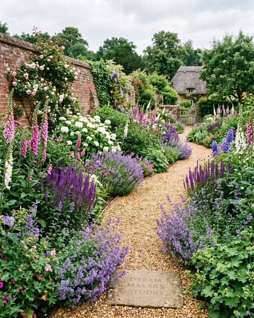 A winding gravel path through a lush cottage garden filled with colorful foxgloves and purple flowers.
