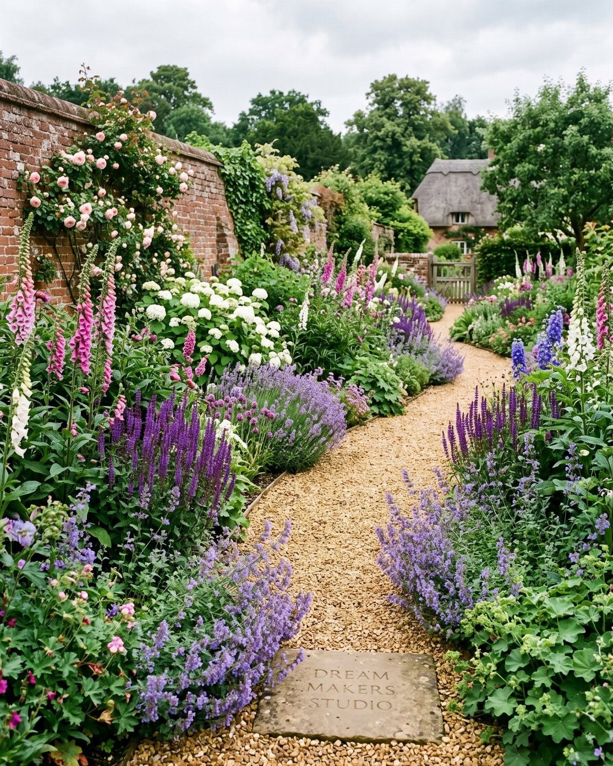 A winding gravel path through a lush cottage garden filled with colorful foxgloves and purple flowers.