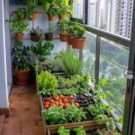 Green vegetables and herbs growing in raised wooden beds and vertical wall pots on a balcony.