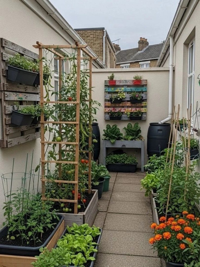 Climbing tomato plants grow on a tall bamboo trellis in a narrow paved courtyard garden.