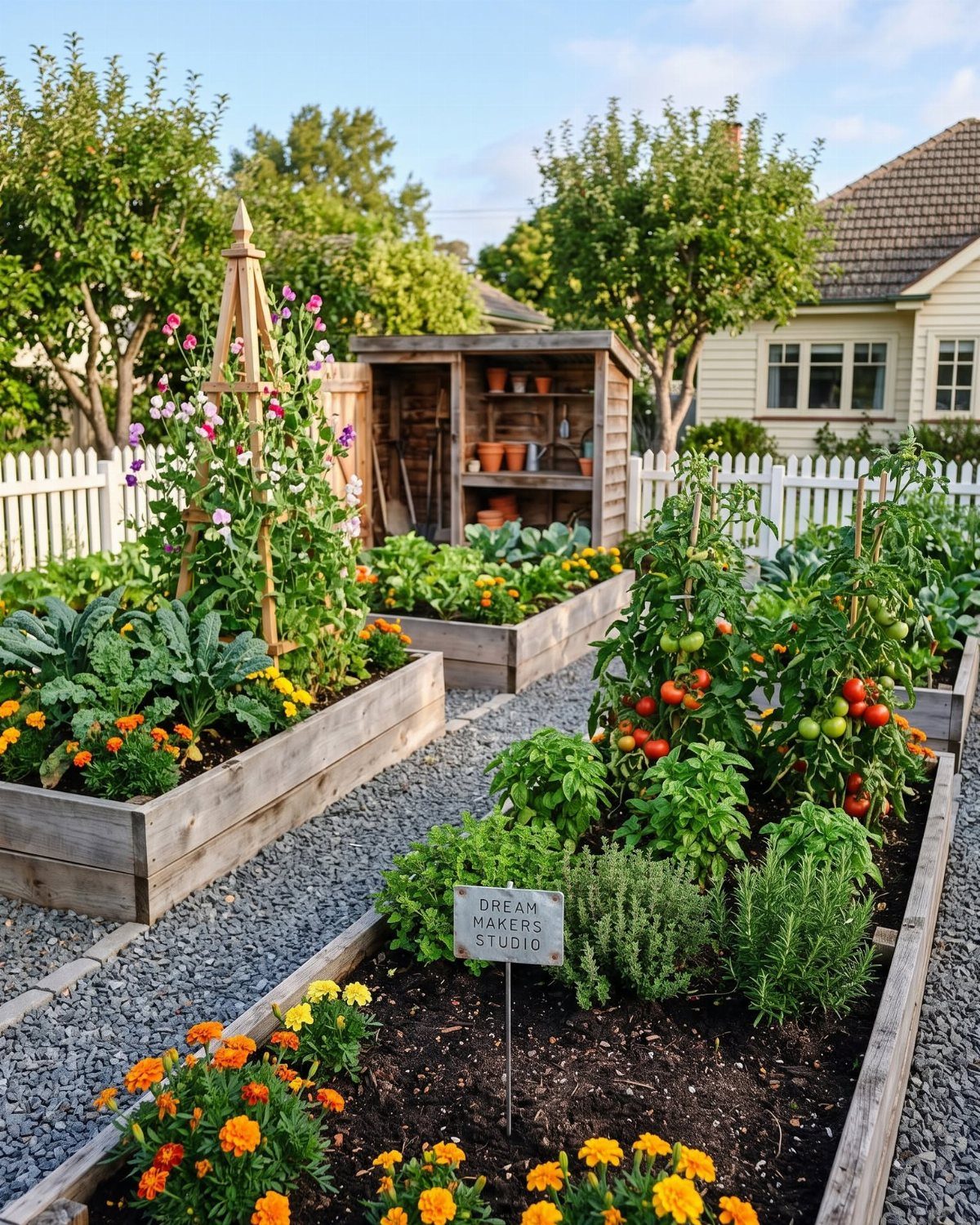 Wooden raised garden beds filled with lush green vegetables and bright orange marigolds in a backyard.