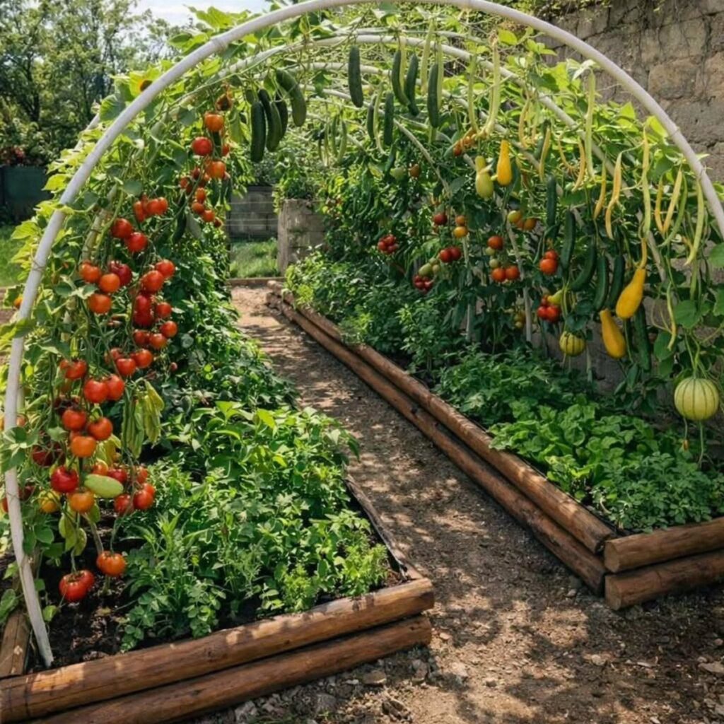 Raised wooden garden beds with arched trellises growing tomatoes, cucumbers, and squash.