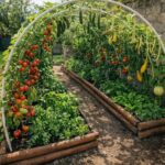 Raised wooden garden beds with arched trellises growing tomatoes, cucumbers, and squash.