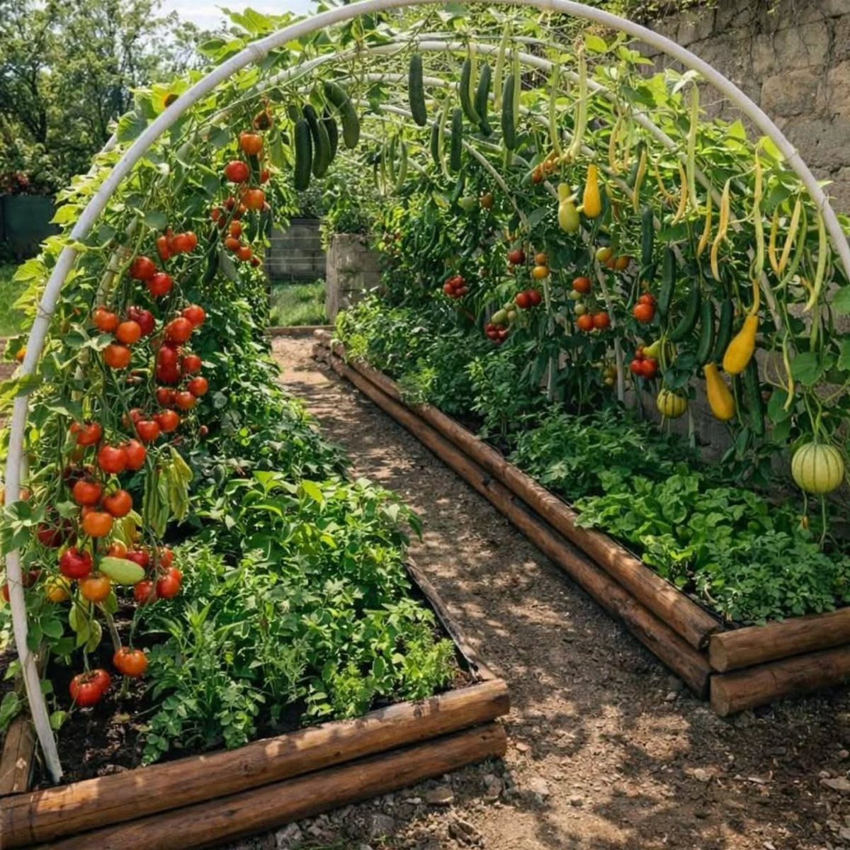 Raised wooden garden beds with arched trellises growing tomatoes, cucumbers, and squash.
