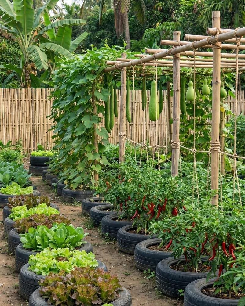 Climbing vegetables on a bamboo trellis and chili plants growing in black tire planters in a garden.