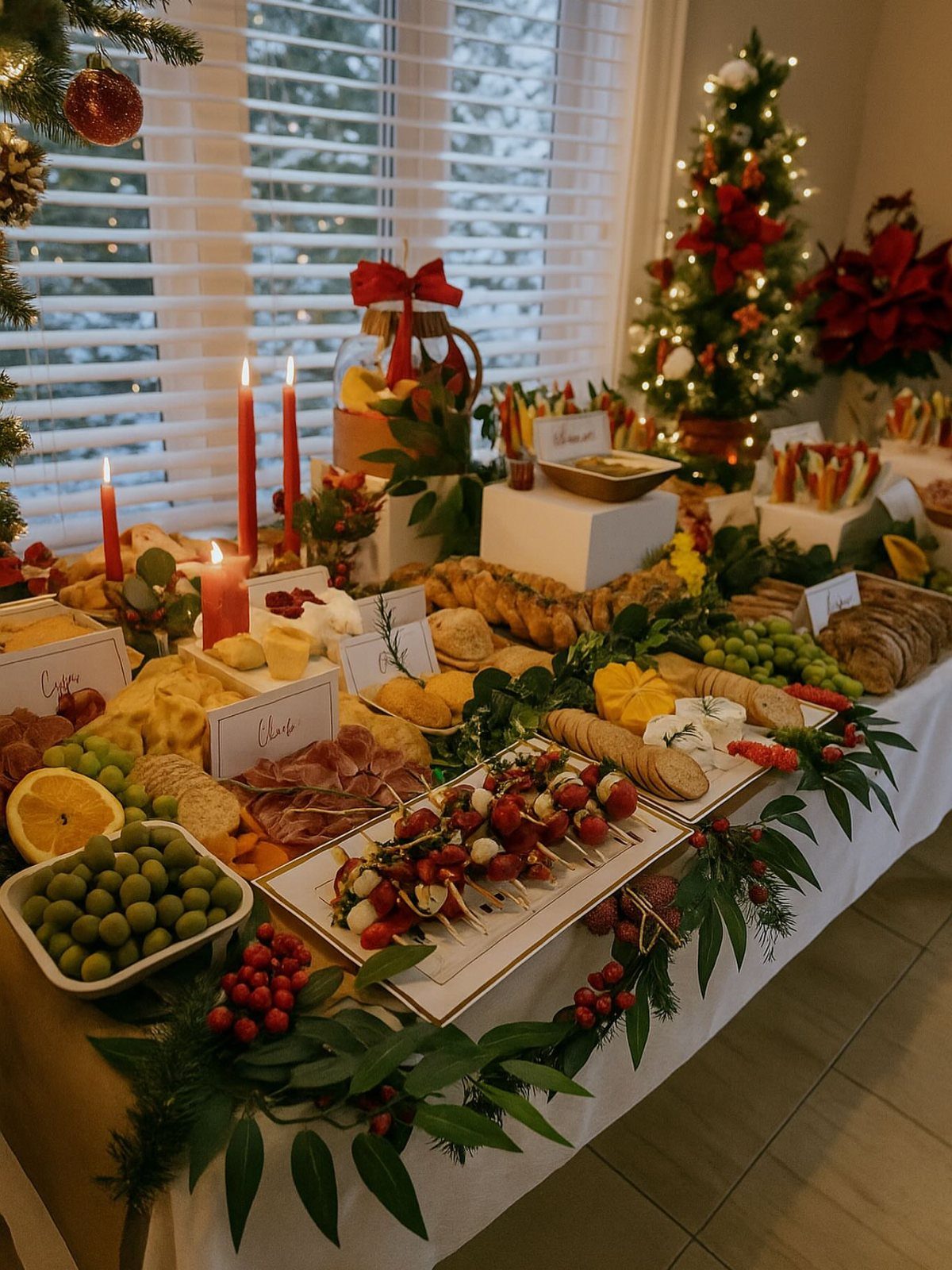 A festive Christmas buffet table featuring various cheeses, meats, fruits, and lit red candles.